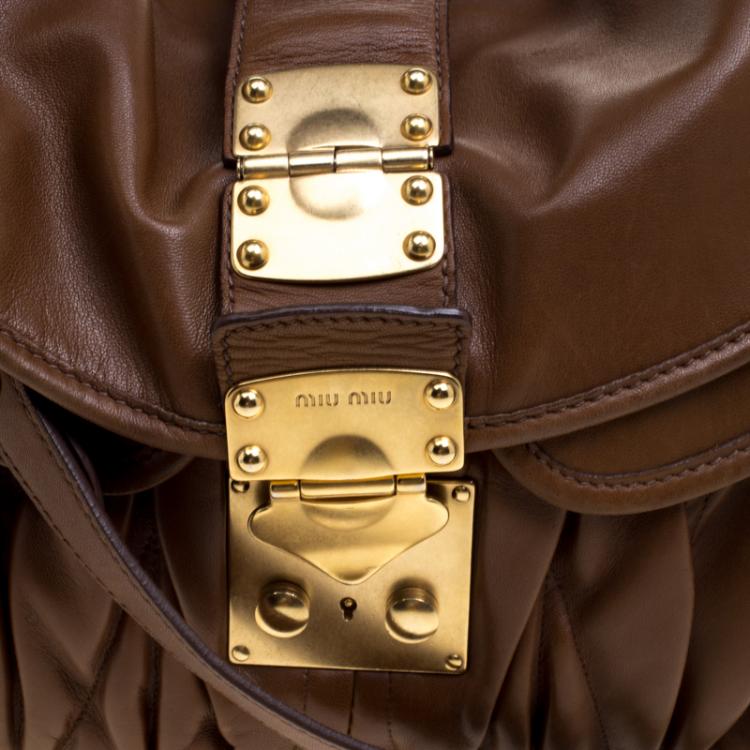Pre Owned Miu Miu Brown Matelasse Lux Leather Coffer Hobo