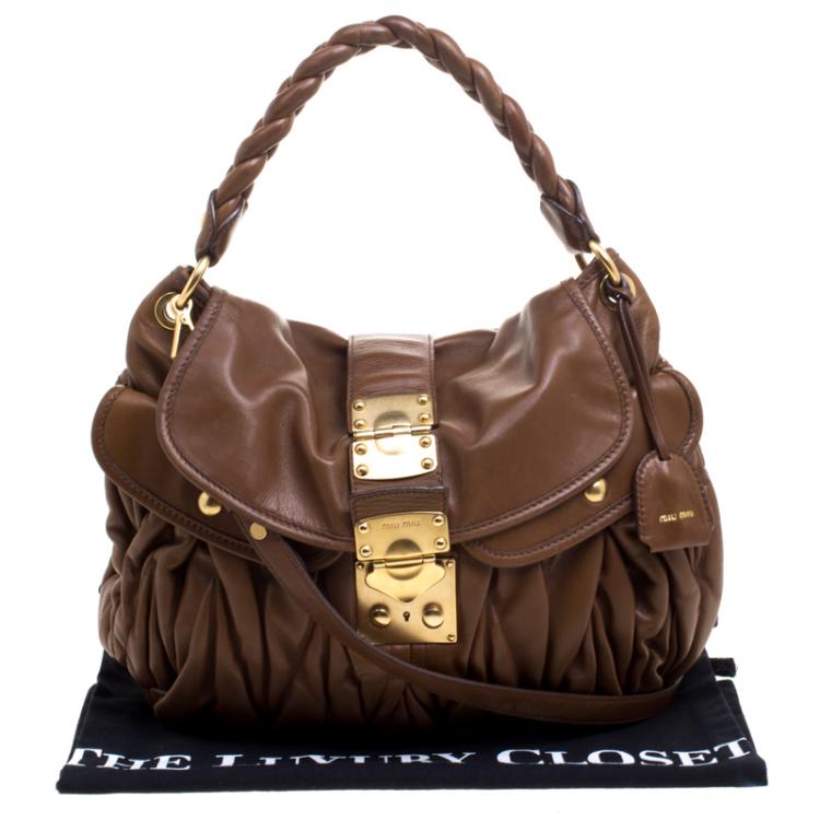 Pre Owned Miu Miu Brown Matelasse Lux Leather Coffer Hobo
