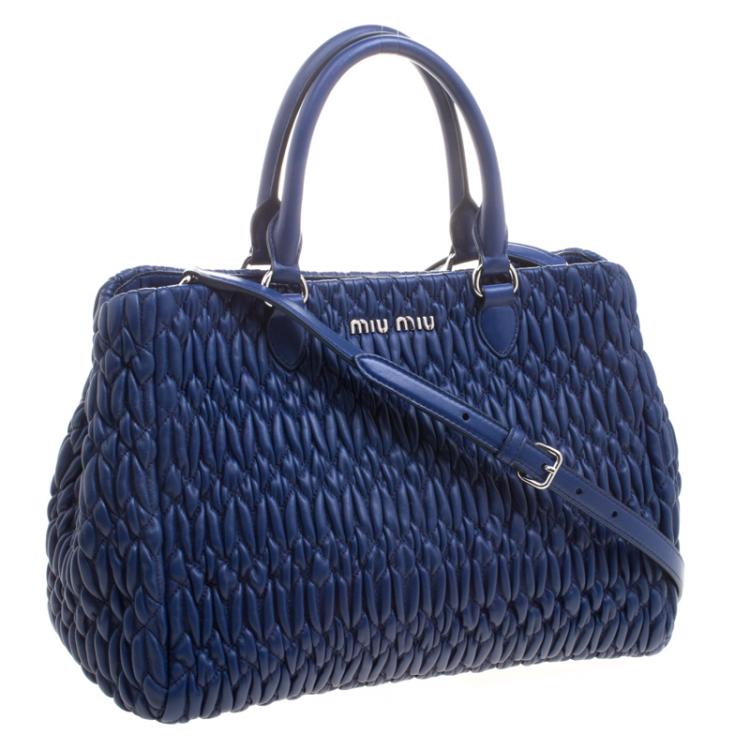 Pre Owned Miu Miu Blue Matelasse Leather Top Handle Bag