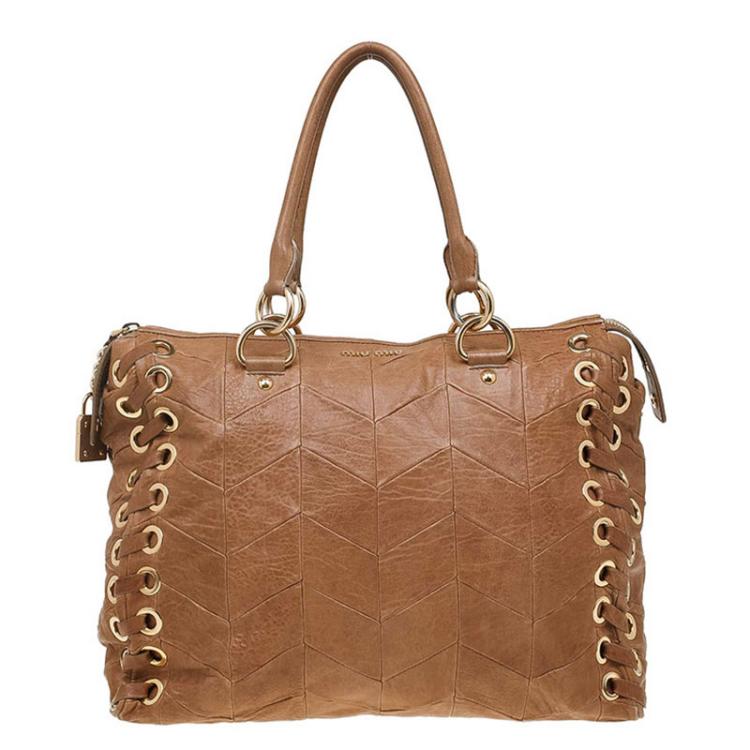 Pre Owned Miu Miu Brown Nappa Leather Patchwork Tote
