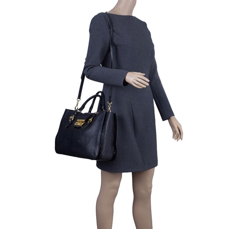 Pre Owned Miu Miu Black Leather Madras Executive Tote