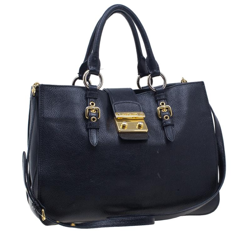 Pre Owned Miu Miu Black Leather Madras Executive Tote