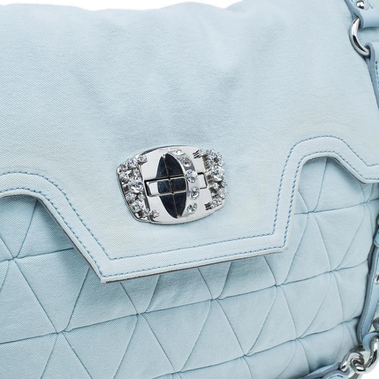 Pre Owned Miu Miu Light Blue Fabric Quilted Turnlock Shoulder Bag