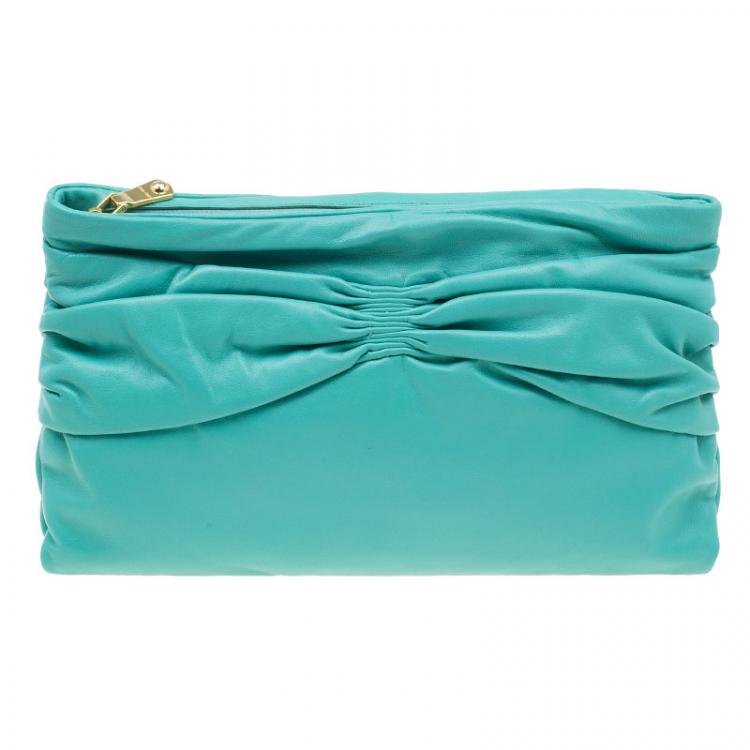Pre Owned Miu Miu Tourqouis Leather Ruched Clutch