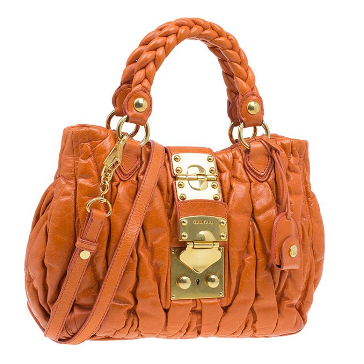 Pre Owned Miu Miu Orange Leather Small Matelasse Tote Shoulder Bag