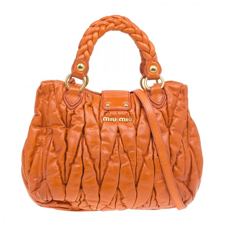 Pre Owned Miu Miu Orange Leather Small Matelasse Tote Shoulder Bag