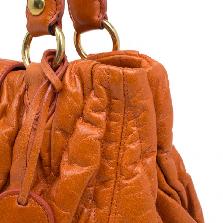 Pre Owned Miu Miu Orange Leather Small Matelasse Tote Shoulder Bag