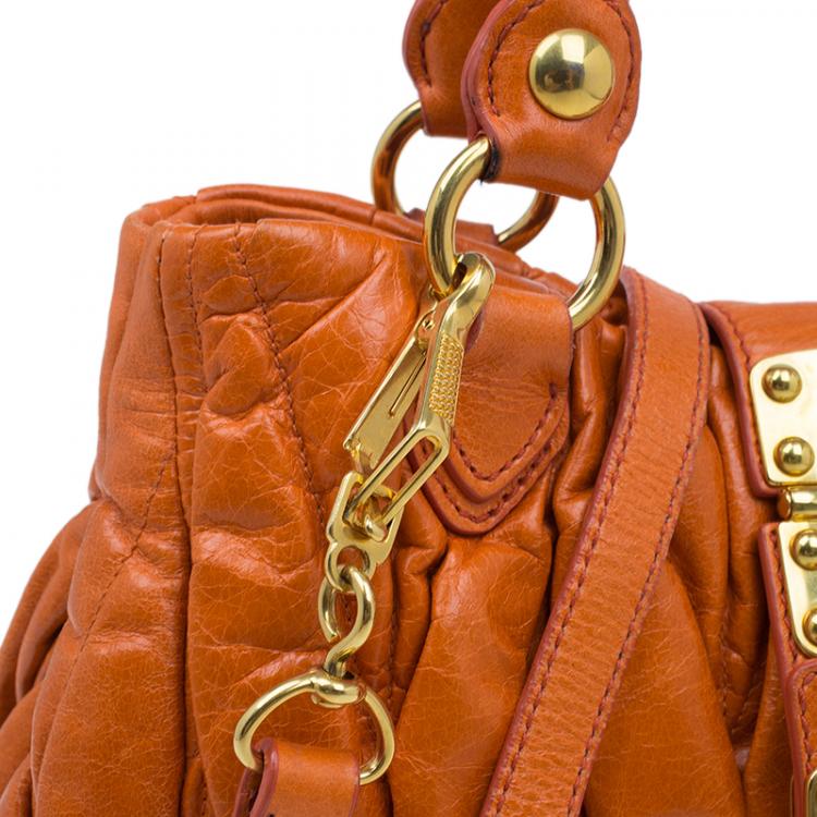Pre Owned Miu Miu Orange Leather Small Matelasse Tote Shoulder Bag