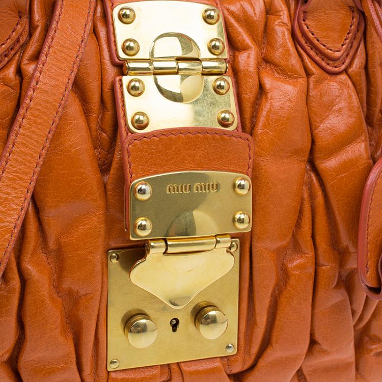 Pre Owned Miu Miu Orange Leather Small Matelasse Tote Shoulder Bag