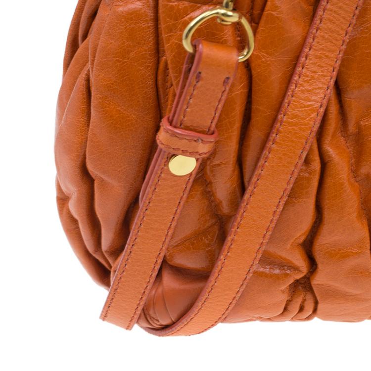 Pre Owned Miu Miu Orange Leather Small Matelasse Tote Shoulder Bag