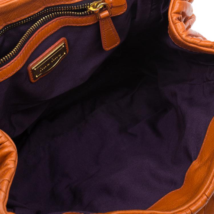 Pre Owned Miu Miu Orange Leather Small Matelasse Tote Shoulder Bag