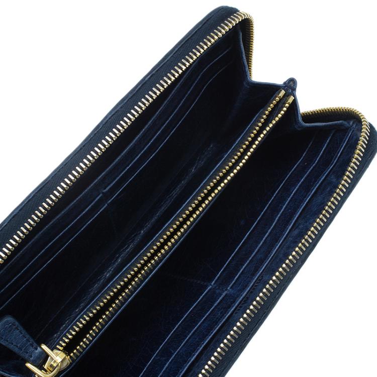 Pre Owned Miu Miu Navy Blue Matelasse Zip Around Wallet