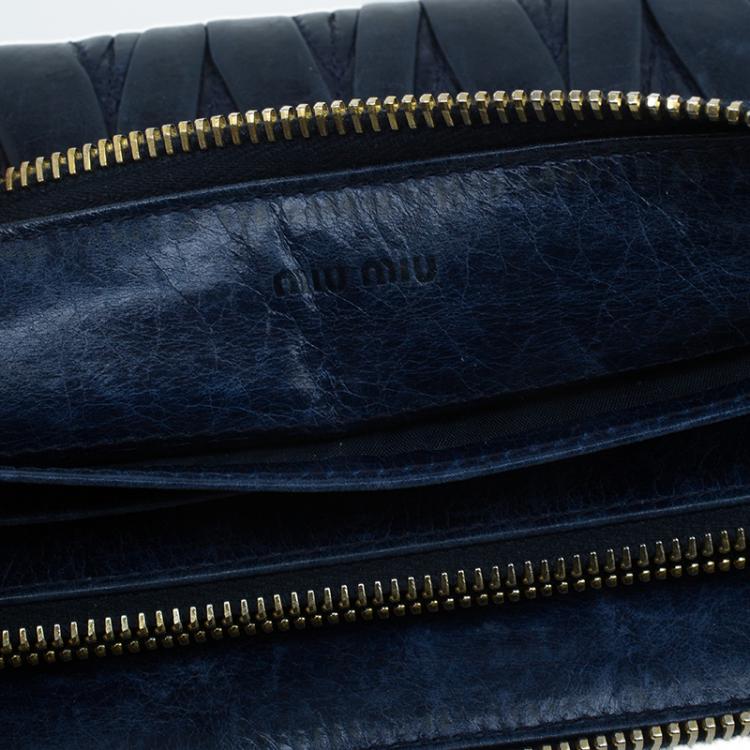 Pre Owned Miu Miu Navy Blue Matelasse Zip Around Wallet