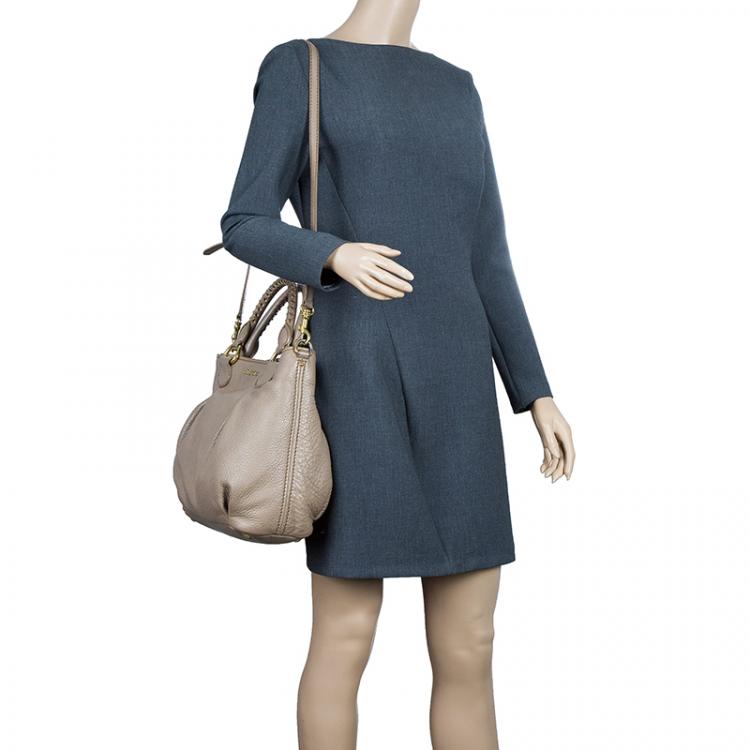 Pre Owned Miu Miu Beige Leather Small Taupe Tote Bag