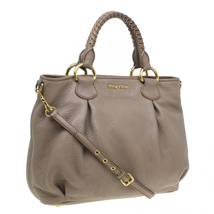 Pre Owned Miu Miu Beige Leather Small Taupe Tote Bag