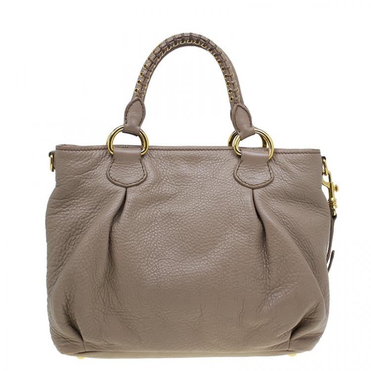 Pre Owned Miu Miu Beige Leather Small Taupe Tote Bag