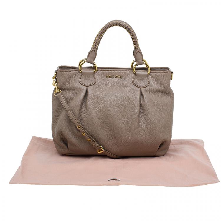 Pre Owned Miu Miu Beige Leather Small Taupe Tote Bag