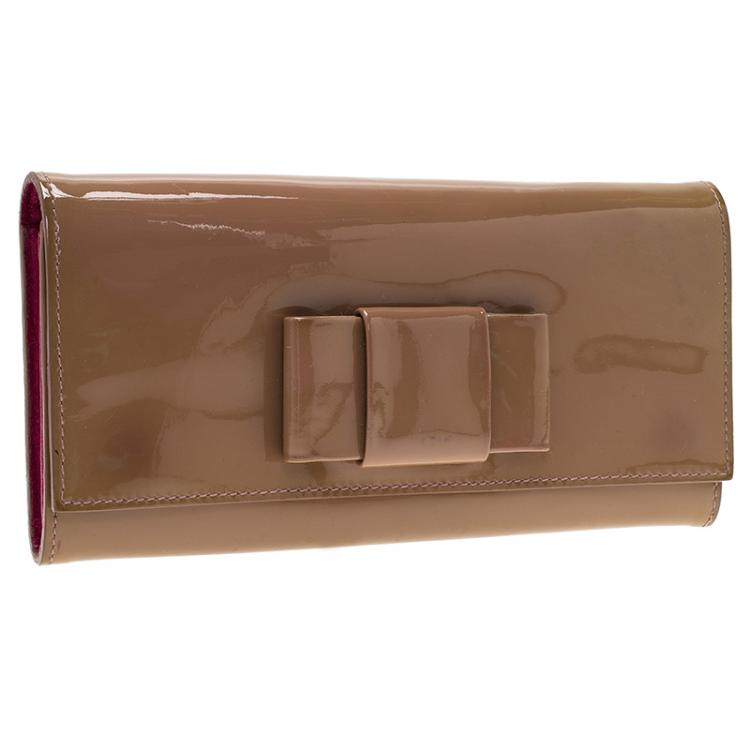 Pre Owned Miu Miu Brown Patent Bow Detail Flap Wallet