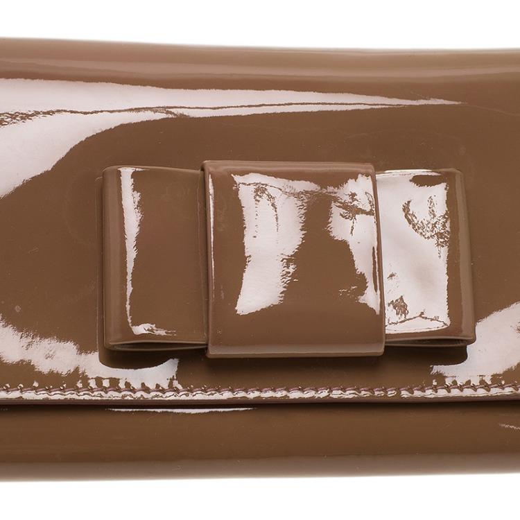 Pre Owned Miu Miu Brown Patent Bow Detail Flap Wallet