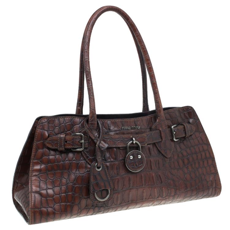 Pre Owned Miu Miu Brown Croc Embossed Leather Vintage Tote