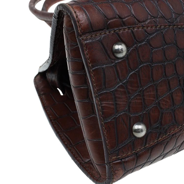 Pre Owned Miu Miu Brown Croc Embossed Leather Vintage Tote