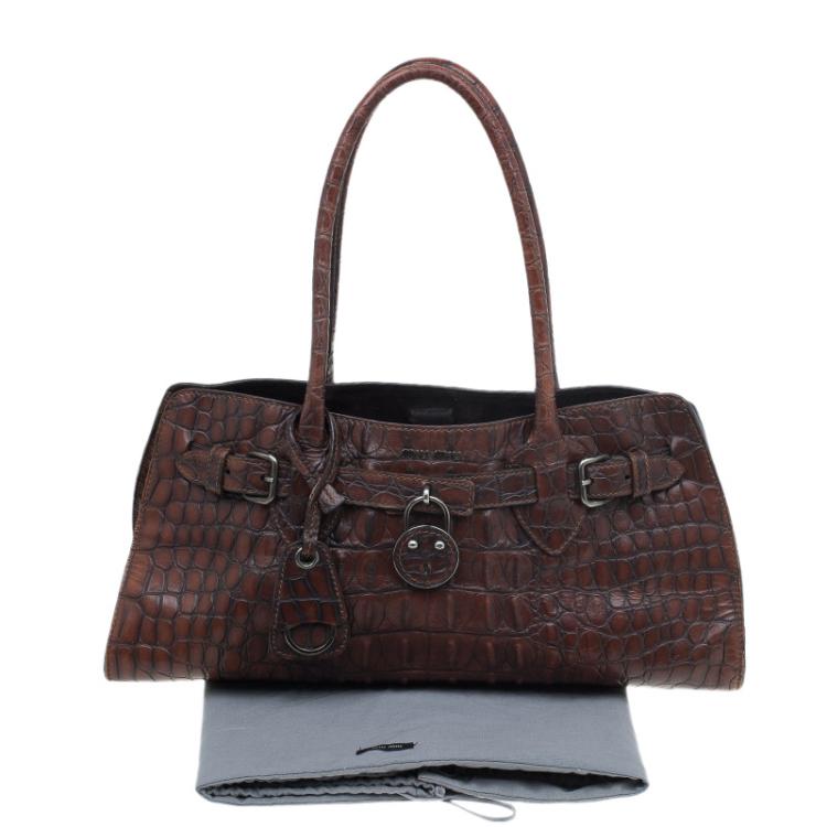 Pre Owned Miu Miu Brown Croc Embossed Leather Vintage Tote
