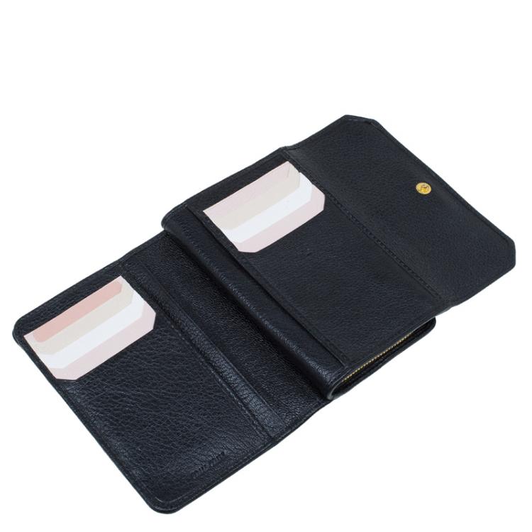 Pre Owned Miu Miu Black Leather Madras Compact Wallet