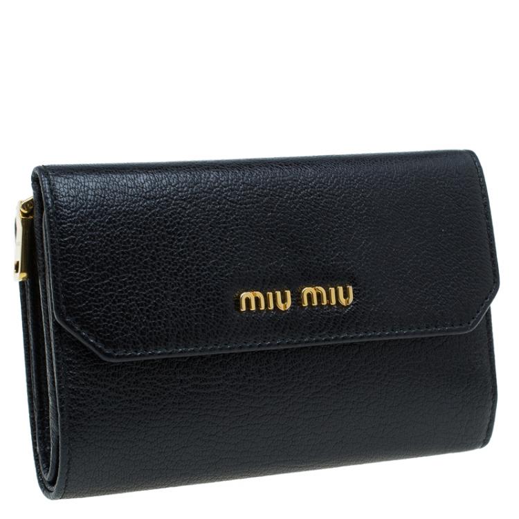 Pre Owned Miu Miu Black Leather Madras Compact Wallet