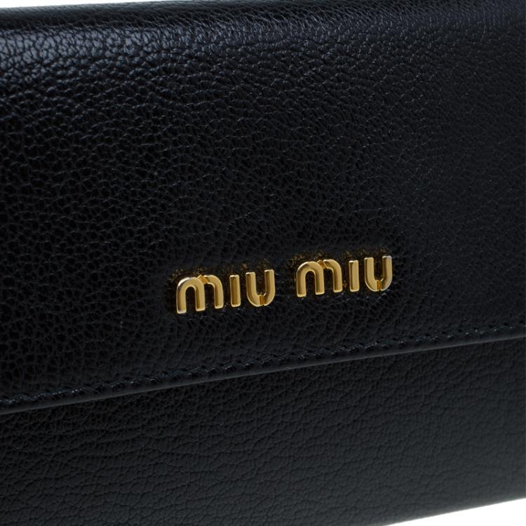 Pre Owned Miu Miu Black Leather Madras Compact Wallet