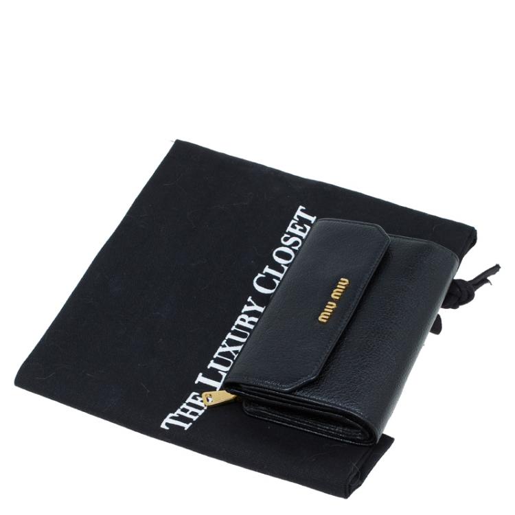 Pre Owned Miu Miu Black Leather Madras Compact Wallet