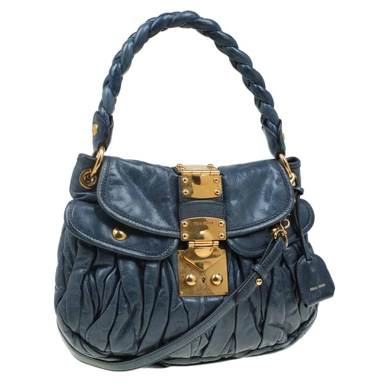 Pre Owned Miu Miu Navy Blue Matelasse Lux Leather Small Coffer Hobo
