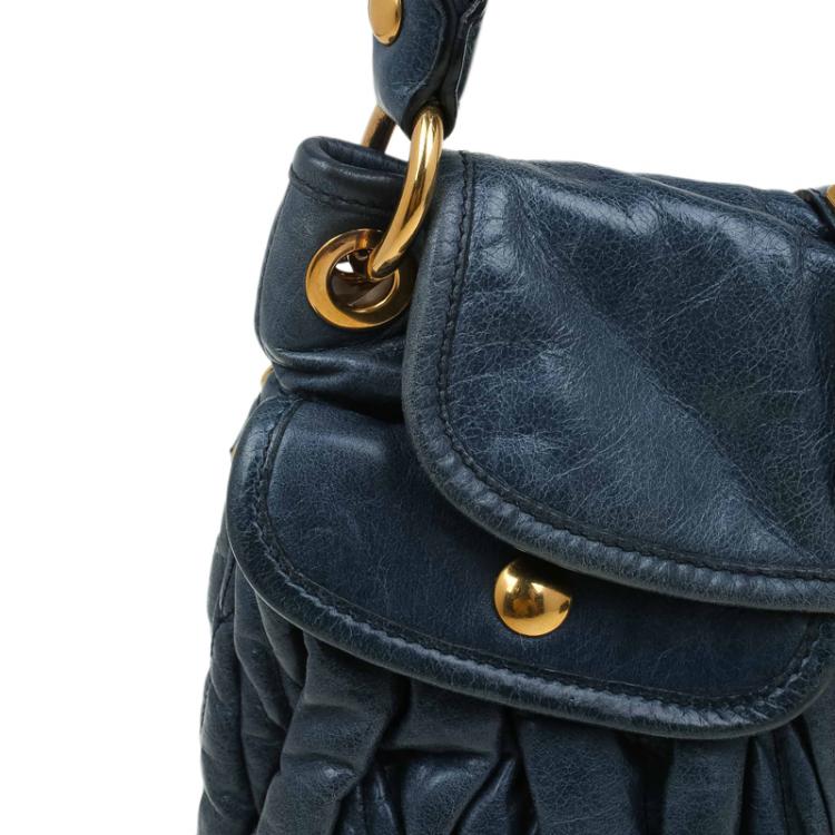 Pre Owned Miu Miu Navy Blue Matelasse Lux Leather Small Coffer Hobo