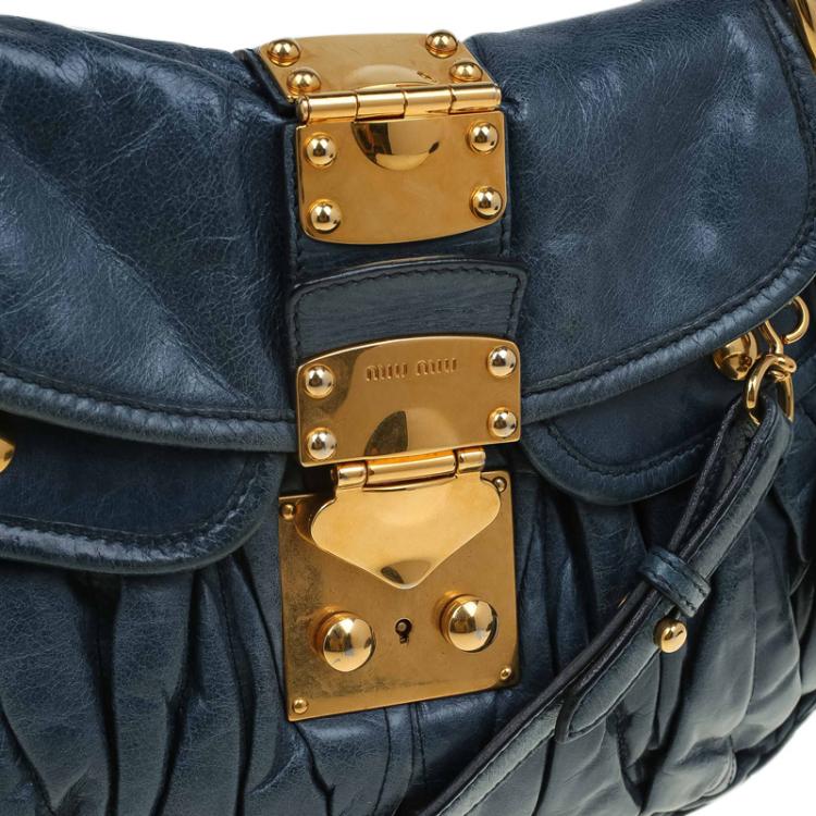 Pre Owned Miu Miu Navy Blue Matelasse Lux Leather Small Coffer Hobo