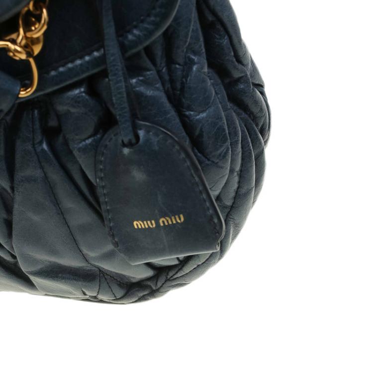 Pre Owned Miu Miu Navy Blue Matelasse Lux Leather Small Coffer Hobo