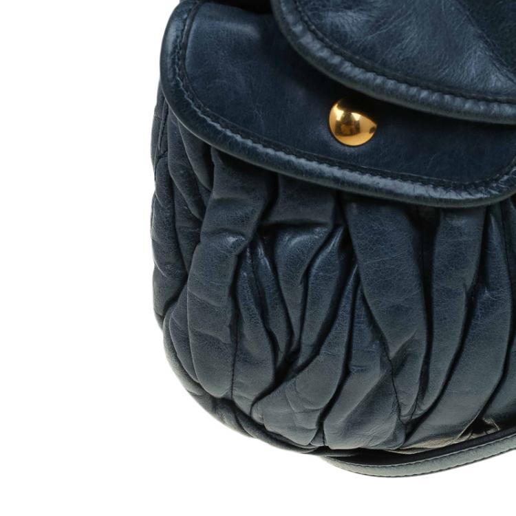 Pre Owned Miu Miu Navy Blue Matelasse Lux Leather Small Coffer Hobo