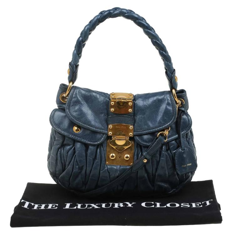 Pre Owned Miu Miu Navy Blue Matelasse Lux Leather Small Coffer Hobo