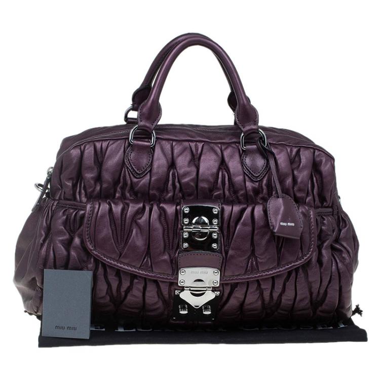 Pre Owned Miu Miu Metallic Purple Matelasse Leather bauletto Bowler Bag