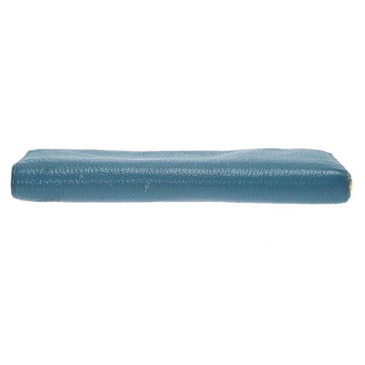 Pre Owned Miu Miu Light Blue Leather Zip Around Wallet