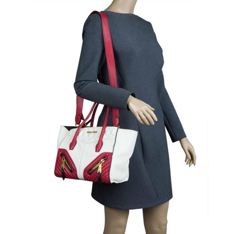Pre Owned Miu Miu Off White/Red Matelasse Leather Biker Tote