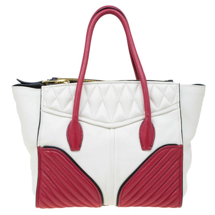 Pre Owned Miu Miu Off White/Red Matelasse Leather Biker Tote