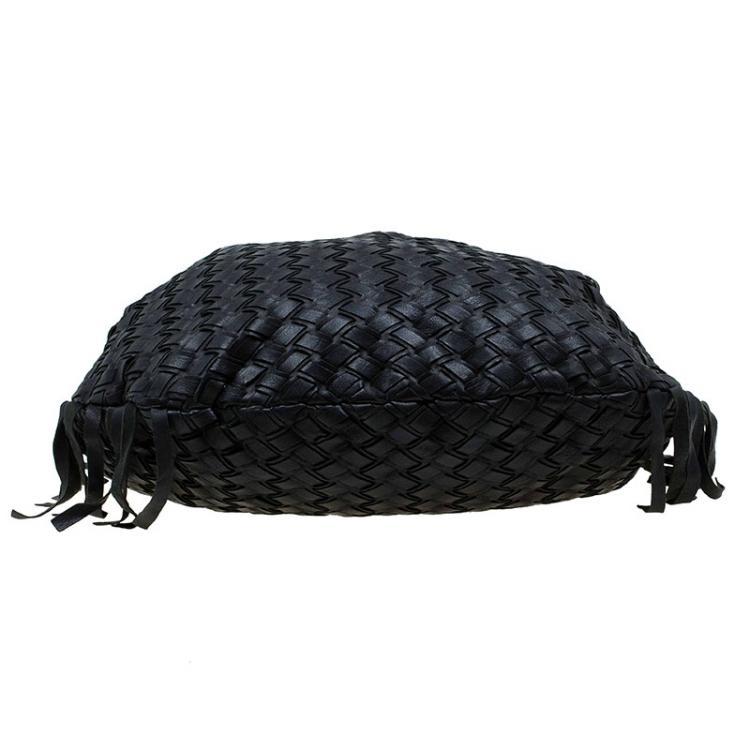 Pre Owned Miu Miu  Black Woven Leather Fringe Hobo