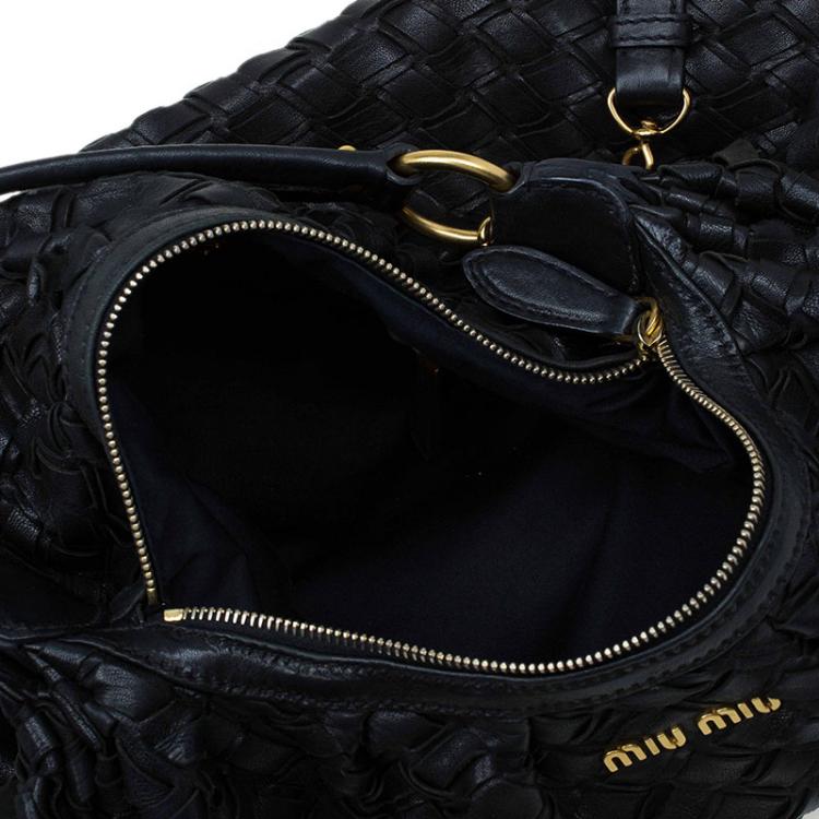 Pre Owned Miu Miu  Black Woven Leather Fringe Hobo