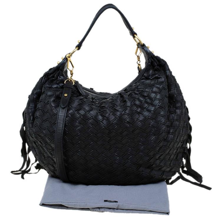 Pre Owned Miu Miu  Black Woven Leather Fringe Hobo