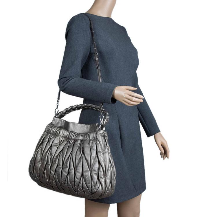 Pre Owned Miu Miu Metallic Silver Matelasse Leather Hobo