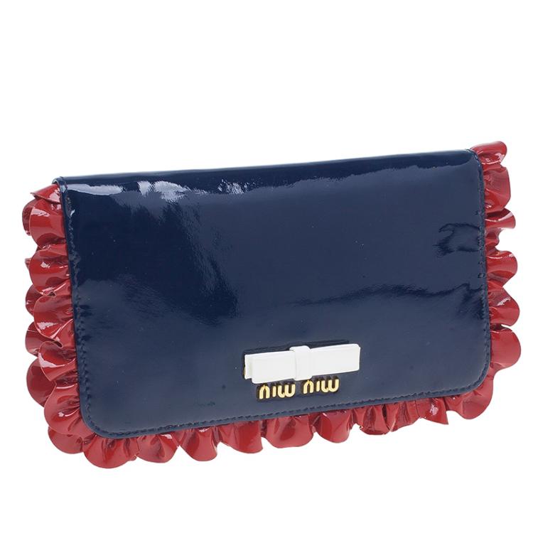 Pre Owned Miu Miu Navy Blue Patent Leather Ruffle Zip Around Wallet