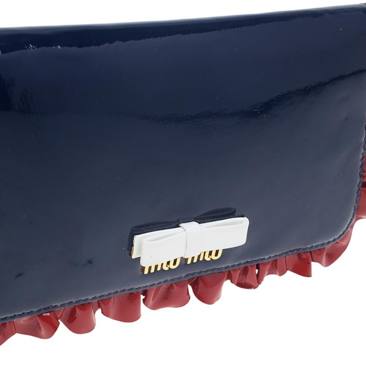 Pre Owned Miu Miu Navy Blue Patent Leather Ruffle Zip Around Wallet