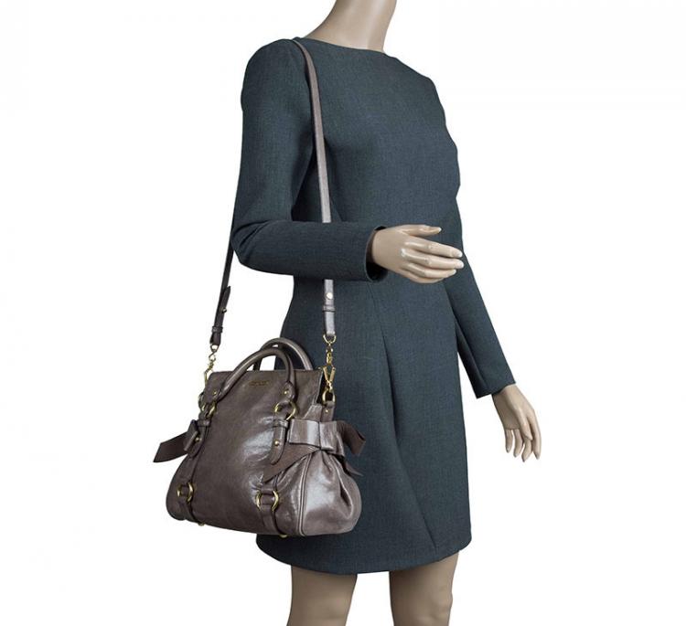 Pre Owned Miu Miu Dark Green Vitello Lux Leather Bow Top Handle Bag