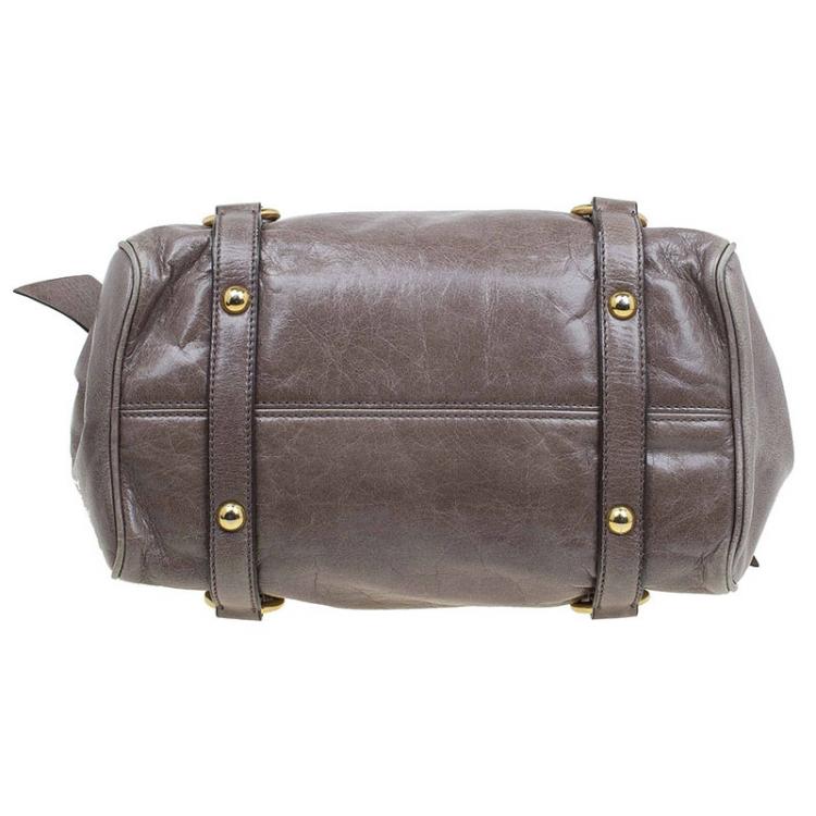 Pre Owned Miu Miu Dark Green Vitello Lux Leather Bow Top Handle Bag