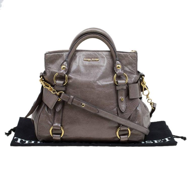 Pre Owned Miu Miu Dark Green Vitello Lux Leather Bow Top Handle Bag