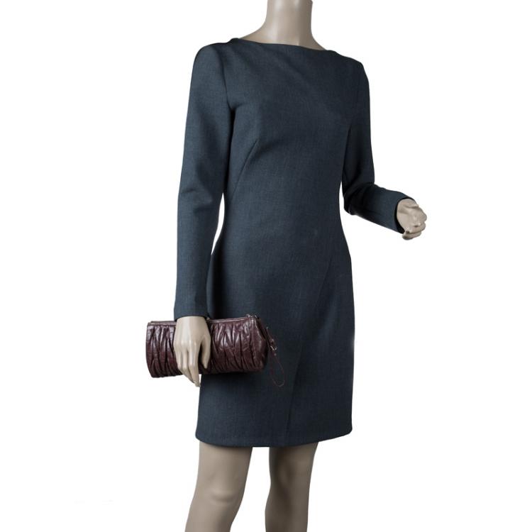Pre Owned Miu Miu Brown Matelasse Lux Leather Wristlet Clutch 